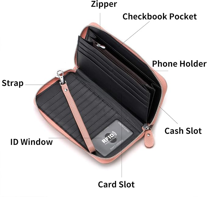 Moflycom Womens Wallet RFID Blocking Genuine Leather Multi Credit Card Large Capacity Zip Around Clutch Travel Purse Wristlet - Image 3