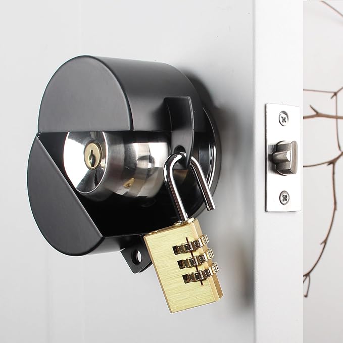 Door Knob with Lock,Without Drilling,Dementia Door Handle Lock，from Outside Prevents Turning of Door Knob and Access to Keyhole,for Apartment Evictions，Childproof (Black with Padlock) by TEMEILI
