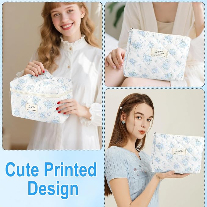 URSKYTOUS 2Pcs Cotton Quilted Makeup Bag for Women Girls Large Small Travel Floral Cosmetic Bags Set Cute Coquette Zipper Makeup Pouch for Purse Aesthetic Cloth Flower Storage Toiletry Bag Organizer - Image 6