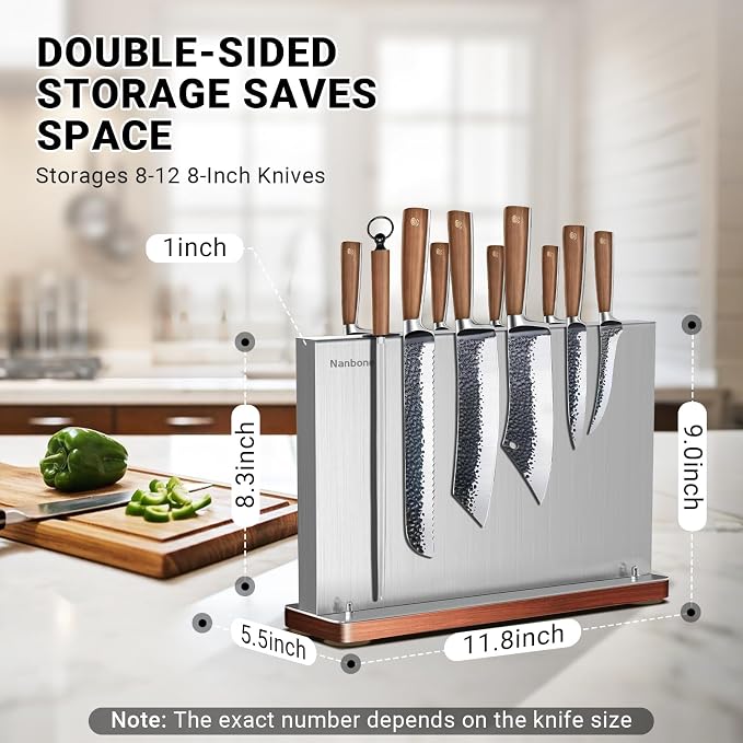 Magnetic Knife Block Stand Without Knives Double Sided Magnetic Knife Holder Rack for Kitchen Counter Stainless Steel Knife Magnetic Strip Display Stand Storage Organizer with Wood Base - Image 2