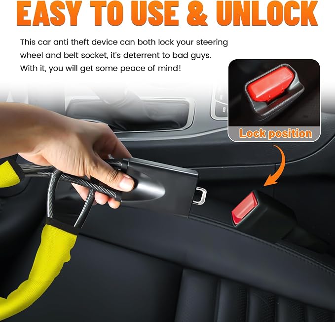 DualGuard Car Steering Wheel & Seat Belt Lock - 17" Universal Anti-Theft Device for Vehicles, SUVs, Golf Carts | Compact & Lightweight Security Lock with Multi-Function Keys (Yellow) - Image 6