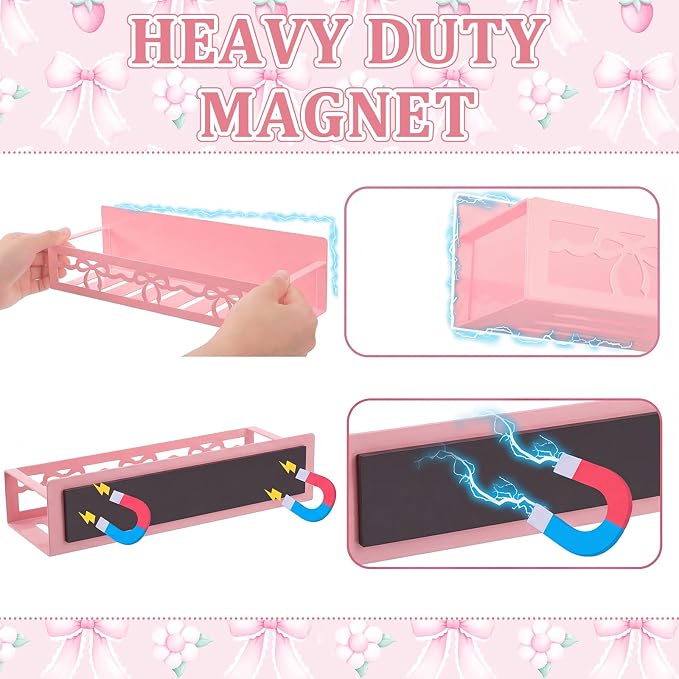 Beeveer 2 Pcs Magnetic Spice Rack for Refrigerator, Pink Bow | Magnetic, No Drilling, Pink Bow Kitchen Decor, Pink Home Accessories, 2 Sizes Metal Storage Shelf for Fridge Spices - Image 3