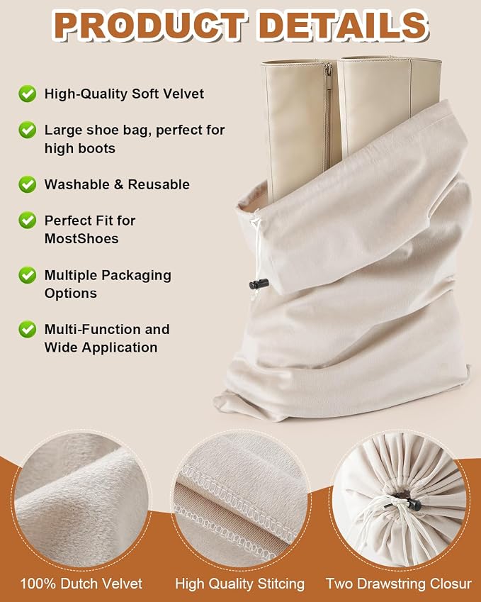 4 Pcs Shoe Bags for Travel, Large Boot Bag, Beige, 21.2x13.3 Inch | Washable & Reusable Travel Shoe Bags, Dustproof Shoe Bags with Drawstring Closure, Suitable for Travel, Home Storage - Image 2