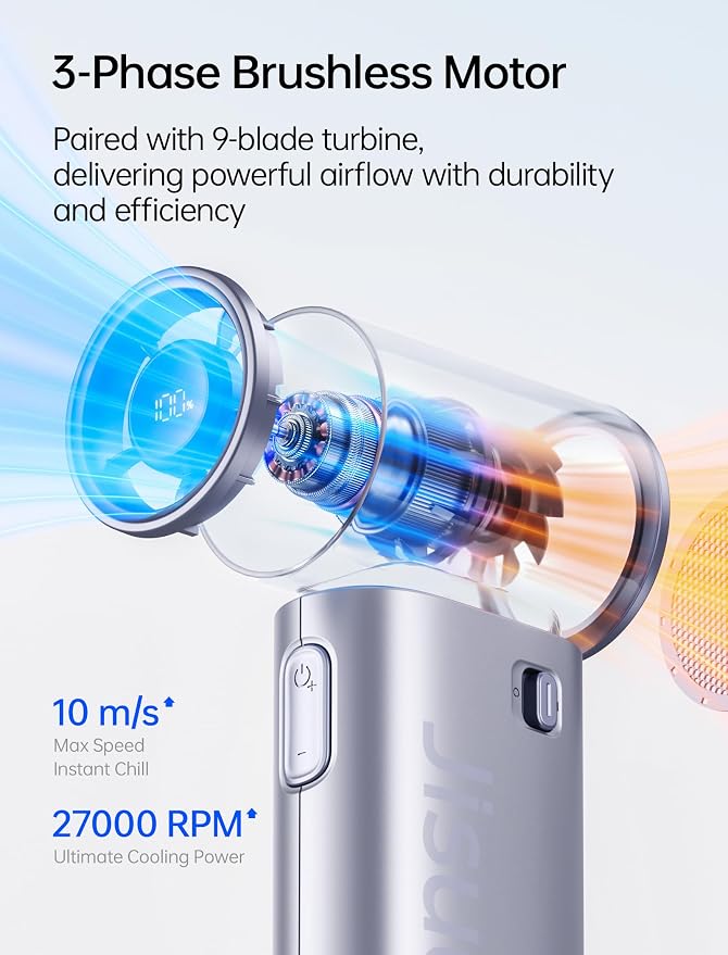 JISULIFE Handheld Fan Life9S - Sleek Chrome: Turbo Power, 22 Hours Cooling | LED Display, 5000mAh, 5-Speeds, Mini Portable Fan for Travel, Cruise, Concerts, Trendy Gifts for Women Men -Blue - Image 6