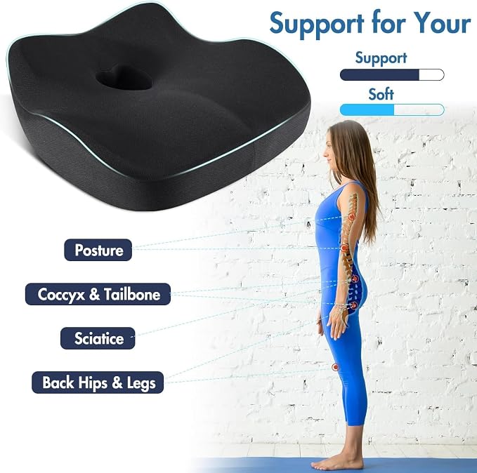 Car Seat Cushion, Ergonomic Memory Foam Car Seat Pad for Sciatica Pain Relief, Larger Driving Seat Cushion for Car Short Drivers on Long Drives - Butt Cushion for Car,Truck, Office - Black - Image 6