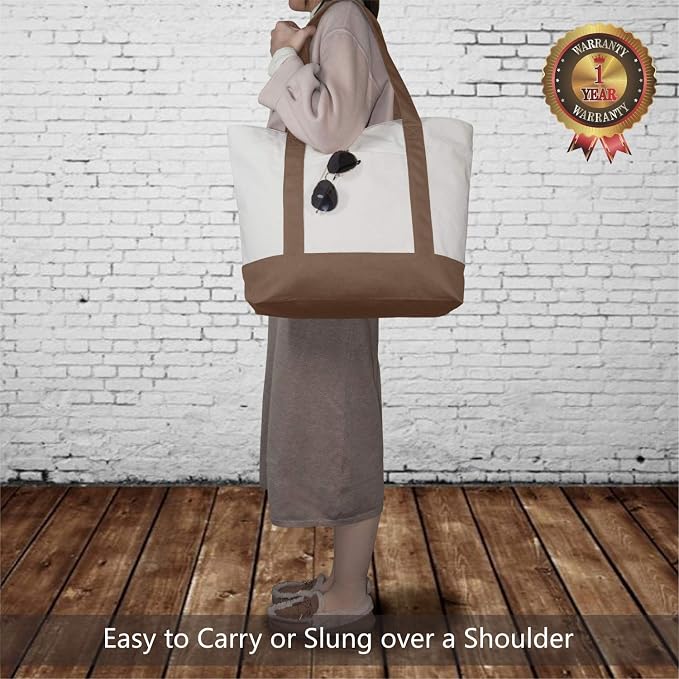 TOPDesign 1-Pack Canvas Tote Bag with an External Pocket, Reusable Grocery Shopping Bag, Top Zipper Closure, Daily Essentials (Brown/Natural) - Image 2
