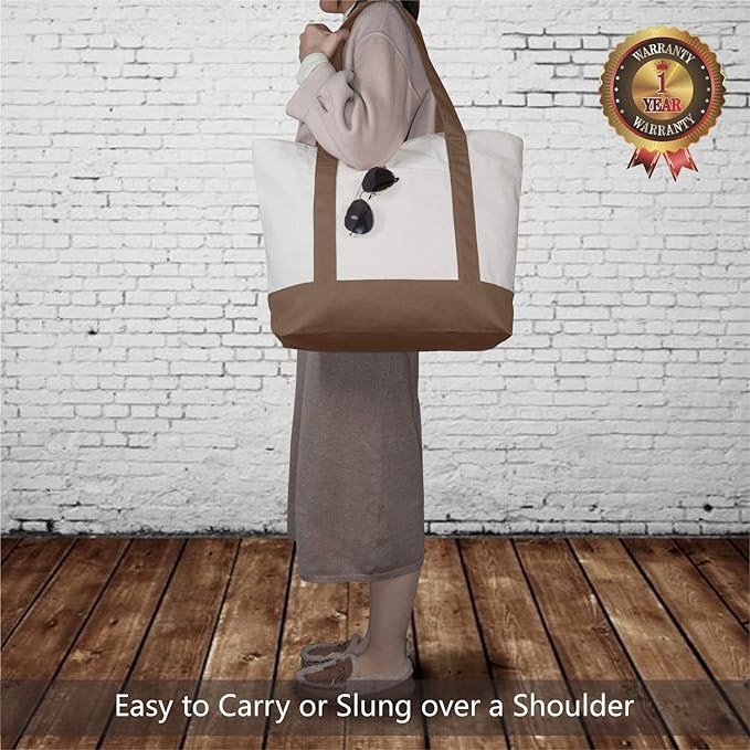 TOPDesign 3-Pack Canvas Tote Bags with an External Pocket, Reusable Grocery Shopping Bags, Top Zipper Closure, Daily Essentials (Brown/Natural) - Image 2