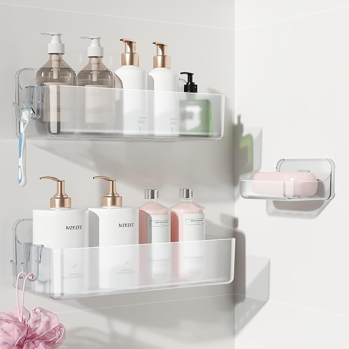 Nieifi Adhesive Shower Shelves, Clear, 3 Pieces | Rustproof ABS, Large Capacity, Removable Design, Easy-Clean, No Drilling Shower Organizer for Bathroom Storage & Home Decor by Nieifi