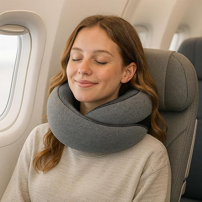 Travel Neck Pillow with Memory Foam & Chin Support – Includes Cute Macaron EVA Water-Resistant Carry Case, Eye Mask & Ear Plugs (Dark Grey) - Image 2