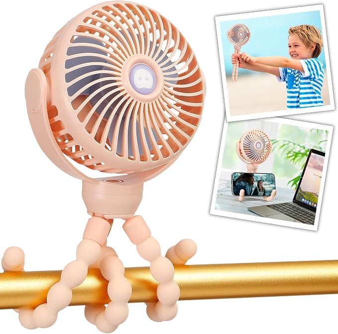 snawowo Mini Portable Baby Stroller Fan, Battery Operated Clip on Fan | Rechargeable 360° Rotate Flexible Tripod Handheld Cooling for Car Seat Crib Treadmill Travel pink by snawowo