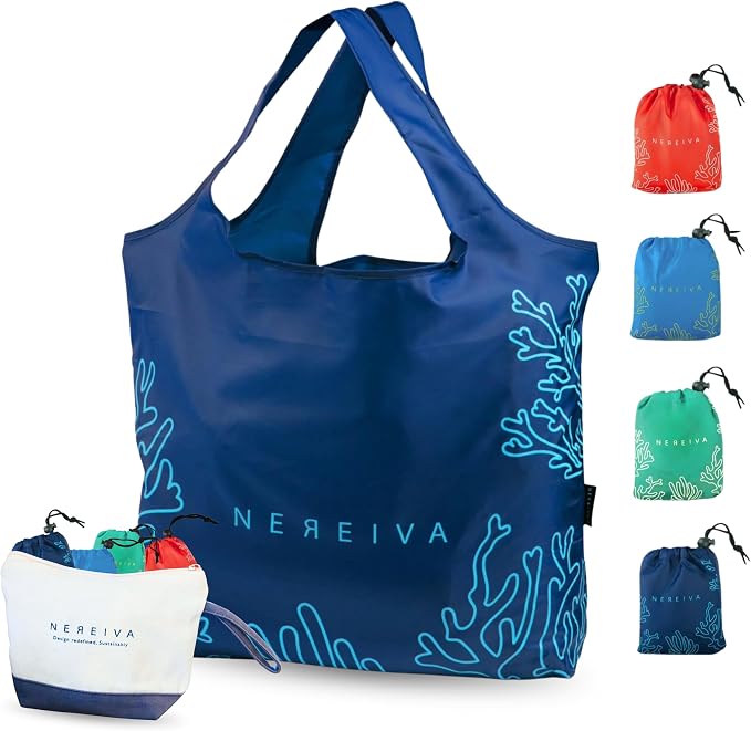 4 Pack Large Foldable Reusable Grocery Bags Carry Pouch, 55 lb | Washable, Easily Sort Shopping with 4 bag Colors, Reinforced Handles, Recycled Material, Great Totes for Travel, Tiny Pouch by Nereiva