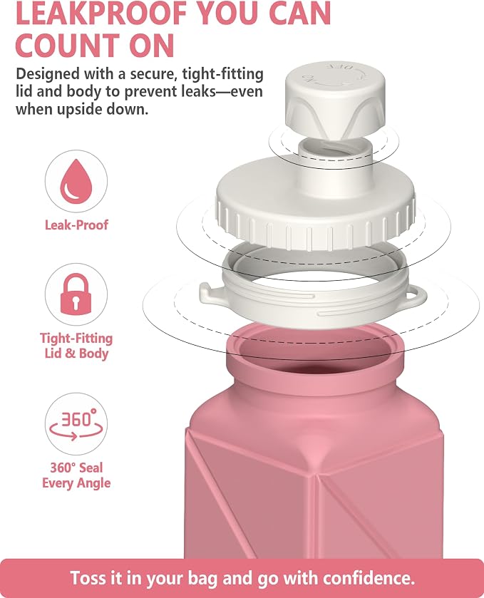 BEAUTAIL Collapsible Water Bottles 21oz/610mL, Silicone Travel Water Bottle | BPA Free, Leakproof & Reusable, Foldable Water Bottle for Traveling, Hiking, Gym, School, Sports, Outdoor, 1-Pack, Pink - Image 4