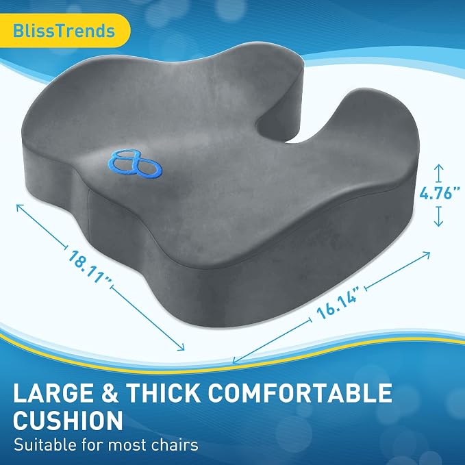 BlissTrends Memory Foam Seat Cushion for Office Chair & Car Seat, LightGrey | 4.7in Ergonomic Tailbone & Sciatica Support with Removable Velvet Cover for Pressure Relief and Long Sitting Comfort - Image 2