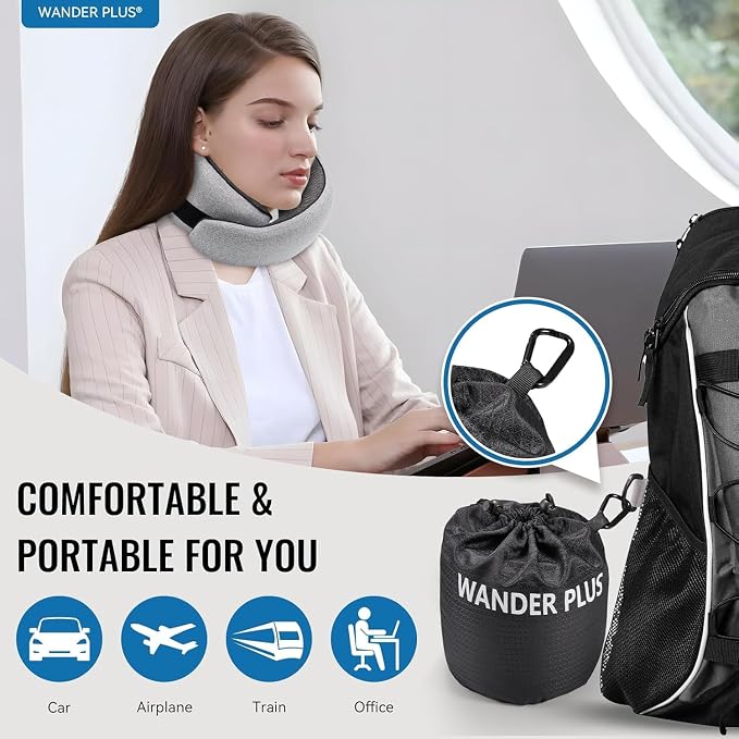 WANDER+ Travel Neck Pillow, Pure Memory Foam Neck Pillow for Airplanes, Comfortable Breathable Cover, 360 Degree Support Ergonomic Design Best for Sleeping Plane Train Travel Essentials Max Sky Blue - Image 2