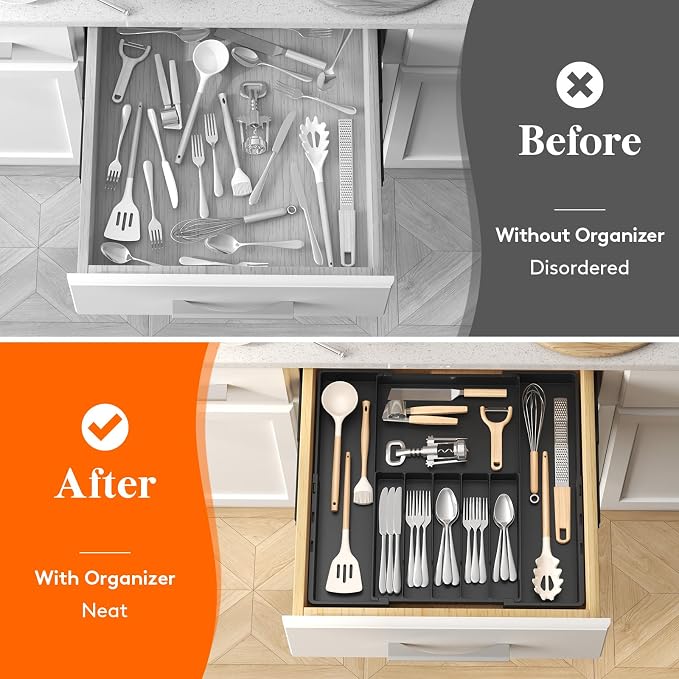 Lifewit Expandable Silverware Drawer Organizer, Utensil Tray for Kitchen | BPA Free Flatware and Cutlery Holder, Adjustable Plastic Storage for Spoons Forks Knives, 12-20.5 x 11.3-19.4 x 1.7", Black - Image 8