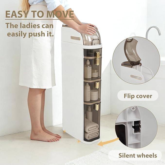 BGYMF 4-Tier Slim Bathroom Storage Cabinet, Slim Cabinet for Bathroom, Narrow Rolling Storage Cart with Wheels, White Plastic Slim Organizer for Small Bathroom Kitchen Laundry Corner - Image 6