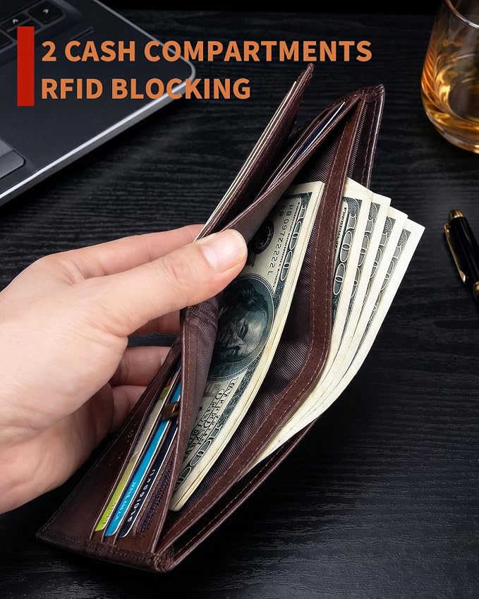 Men's Cowhide Leather RFID Wallet, Slim Bifold (Dark brown) | 2 Clear ID Windows, 10 Card Slots, Zipper Coin Pocket, Gradient Finish for Business, Travel, Daily Carry and Gifts - Image 6