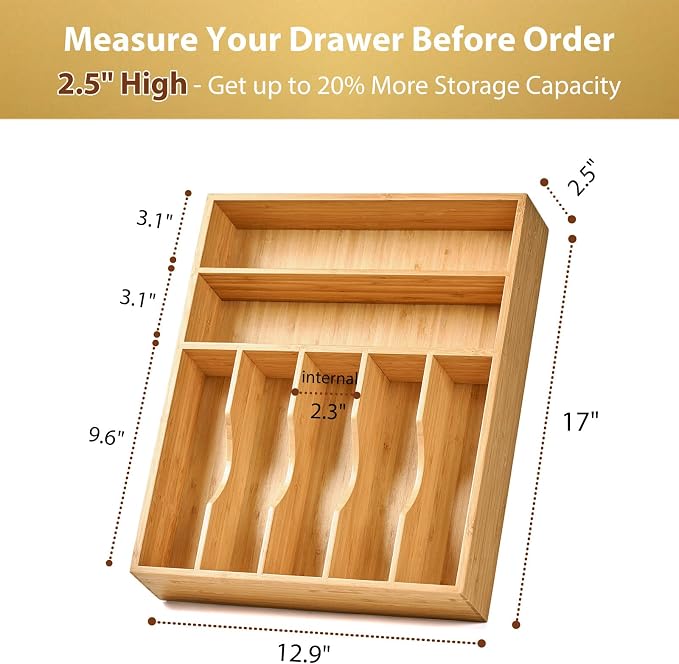 Bamboo Kitchen Drawer Organizer, 13 Inch Silverware Utensil Tray Holder, Extra Deep Grooved Drawer Divider, 7 Slots Total Bamboo Wood Caddy for Flatware Cutlery Knives, Forks, Spoons - Image 3
