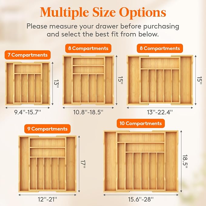 Lifewit Silverware Drawer Organizer, Wooden Utensil Tray for Kitchen | Expandable Flatware and Cutlery Holder, Adjustable Storage for Spoons Forks Knives, 13-22x15", Natural and Black - Image 2