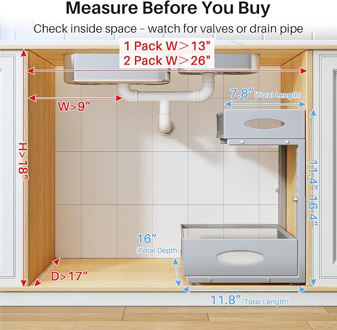 Under Sink Organizer, 2 Pack 2 Tier Pull Out Under Cabinet Organizer Shelf with Pad for Framed Cabinets, Metal Slide Out Under Sink Storage, Mesh Sliding Drawers for Kitchen Bathroom Laundry, Grey - Image 2