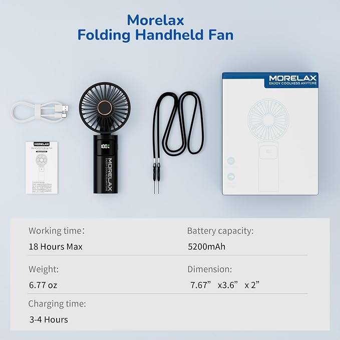 Portable Handheld Fan, USB Rechargeable Foldable Mini Personal Fan, 5200mAh, 180 Adjustable, 6 Speed Wind, 3 IN 1 Hand Cooling Desk Fan with LED Display for Home Office School Outdoor Travel, Black - Image 8
