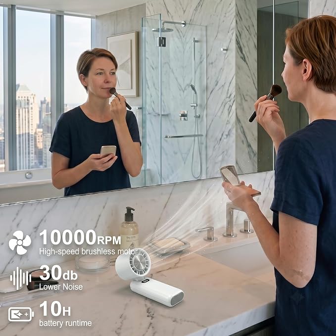fygurso Personal Portable Clip-on Handheld Fan Rechargeable, White | Neck-Crossbody fit lanyard. Detachable clip. 10H battery. LED monitor. 5-Speed from 30dB low noise to 10000rpm blast. - Image 2