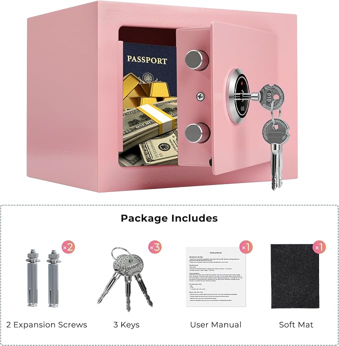 Small Safe Box for Home,Wall Safes 0.23 Cubic Feet, Heavy Duty Steel Safety Lock Box with 3 Keys for Money, Passort, Jewelry 9.06"x 6.69"x 6.69" Pink - Image 4