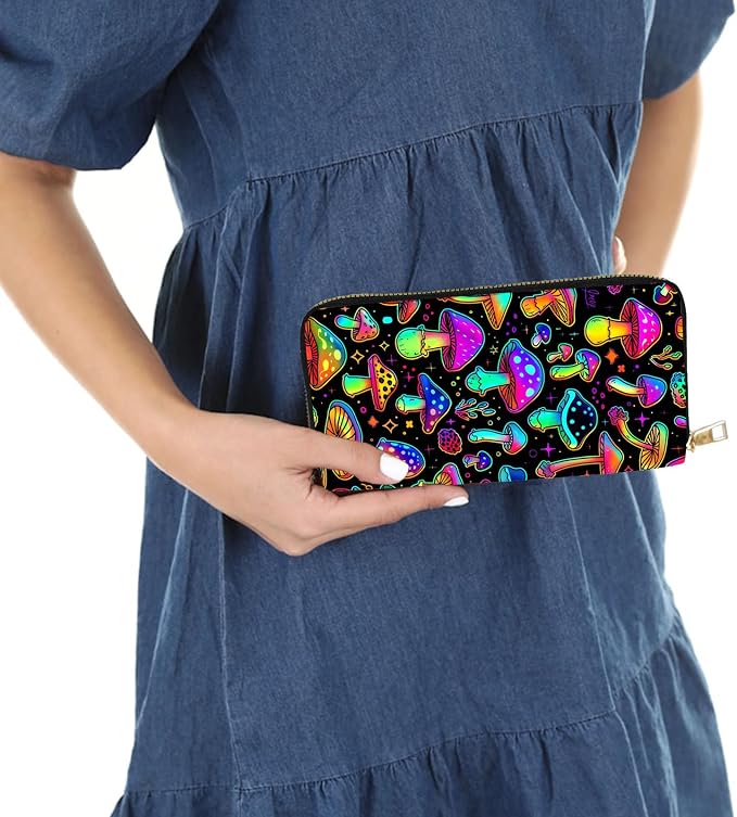 Women's RFID Blocking PU Leather Zip-Around Wallet, Large Capacity Clutch with Phone Holder, Travel Purse & Card Organizer with Removable Wristlet,Cute Colorful Mushroom - Image 6