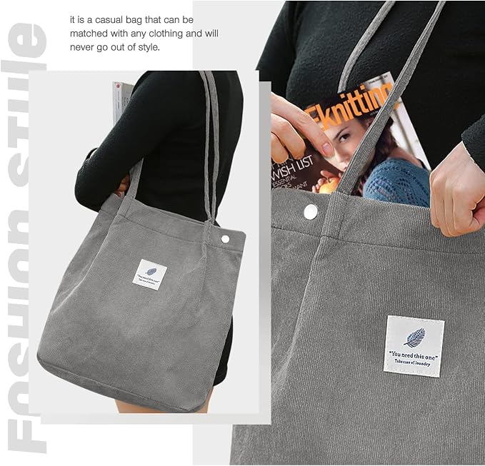 LHMTQVK Corduroy Tote Bags for Women, Large Capacity Tote Purse Reusable Grocery Shoulder Bag with Inner Pockets - Image 5
