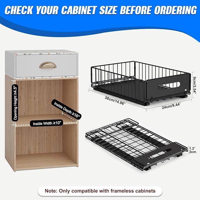 Pull Out Cabinet Organizer, No Drill Slide Out Pantry Drawer 2 Pack | Heavy Duty Carbon Steel Wire Basket, Adhesive Install, Low Profile Foldable, 9.44 x 3.54 in, Kitchen Pantry Bathroom - Image 3