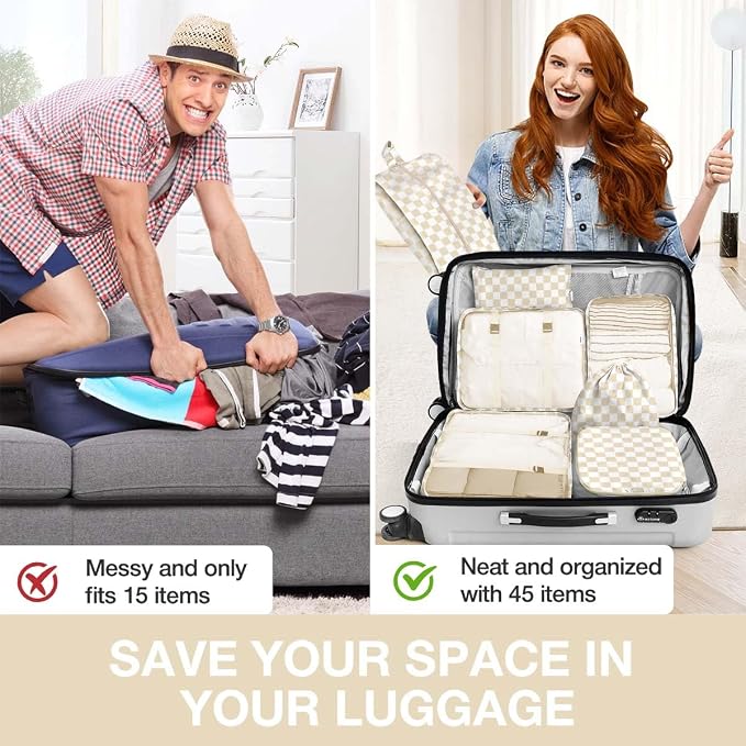 8 Set Packing Cubes for Suitcases,Packing Cube with Shoe, Cosmetics, Clothing, and Accessories Bags Packing Cubes for Travel Luggage Organizer Women Men(Khaki Checkered) - Image 6
