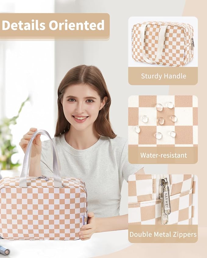Narwey Large Travel Toiletry Bag Women, Checkered Makeup Bag with Handle, Portable Make up Cosmetic bag Organizer, Travel Bag for Toiletries, Skincare, Medicine, Essentials (Light Checkerboard, Large) - Image 5