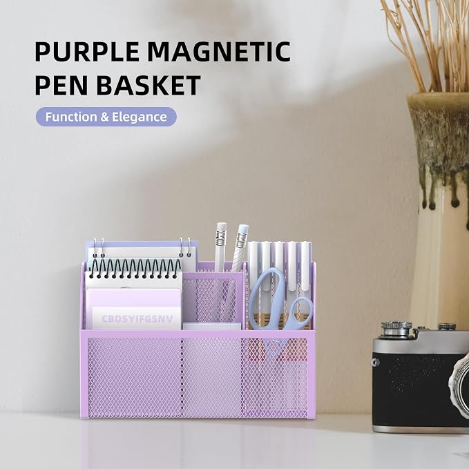 3-Grid Magnetic Pencil Holder, Strong Magnet Locker Organizer, Purple | Mesh Magnetic Shelf, Marker Holder Perfect for Whiteboard, Refrigerator and Locker Accessories - Image 2