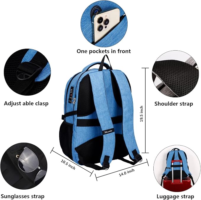 SHRRADOO Travel Laptop Backpack for Men Women, College High Schoolbag | Anti Theft Backpacks with Combination Lock, Carry On Flight Approved, Fit 17 Inch Laptop, High School Backpack, Work Daypack - Image 3