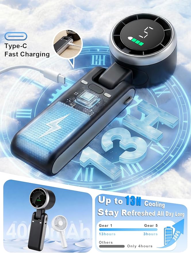 Portable Handheld Turbo Fan, 5 Gear Wind, Battery Operated, Up to 13 Working Hours Rechargeable Fan, 3 IN 1 Hand Fans with Air Turbo Tech Cooling Fan for for Travel, Beach, Outdoor - Black - Image 5