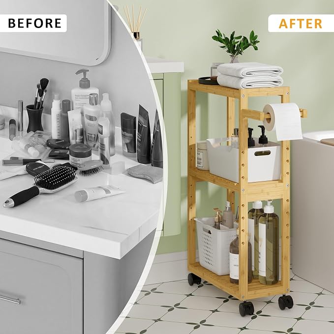 RRX Bamboo Rolling Cart, Slim 3-Tier Standing Shelf Units on Wheels (Beige) | Bamboo Shelves Utility, Storage Corner Shelf Cabinet for Narrow Space, Toilet Paper Organizer for Bathroom, Kitchen - Image 5
