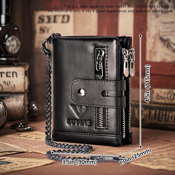 Anti-Theft Mens Wallet with Chain Genuine Leather ID Window Purse with RFID Blocking Bifold Double Zipper Coin Pocket with Gift Box - Image 6