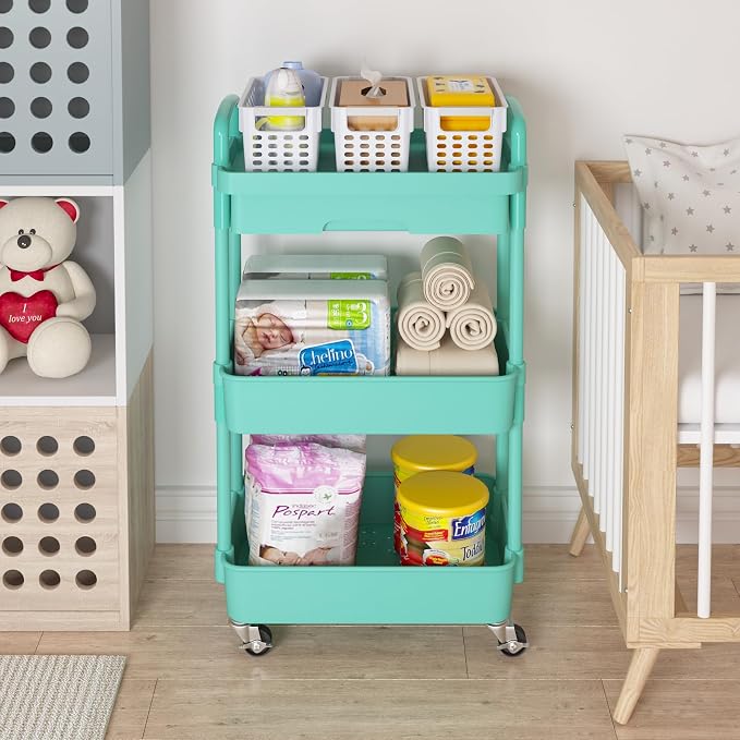 Calmootey 3-Tier Utility Cart with Drawer & Wheels, Storage for Home,Office | Space-Saving Organizer, Sturdy Plastic Shelves, Smooth-Rolling Metal Wheels, Built-in Drawer for Small Items, Green - Image 3