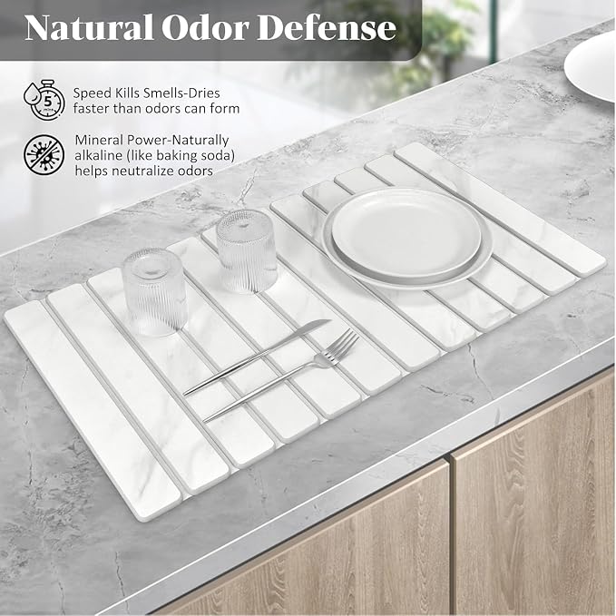 2 PCS Large Stone Dish Drying Mat for Kitchen Counter, 28"×16" Marble Dish Drying Mat with 8"x 4" Coasters, Non - Slip Collapsible Absorbent Mat for Multi - Purpose, Match Any Countertop【White】 - Image 5