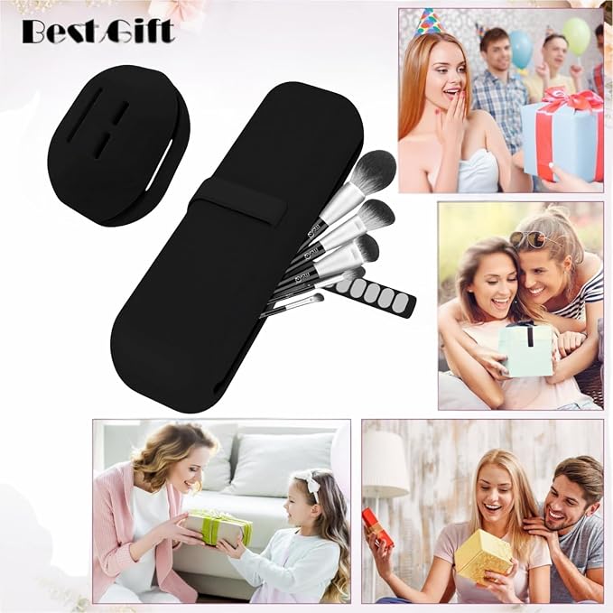 Silicone Makeup Brush Holder Travel Case Water-Resistant Brush Organizer for Travel Makeup Brushes Storage with No Odor Nylon Strap Closure (Black) - Image 6
