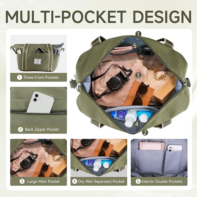 WALNEW Travel Duffel Bag, Weekender Bag for Women Men, Army Green | Overnight Carry On Bag, Foldable Waterproof Gym Luggage with Metal Buckle Detachable Shoulder Strap and Wet Compartment - Image 5