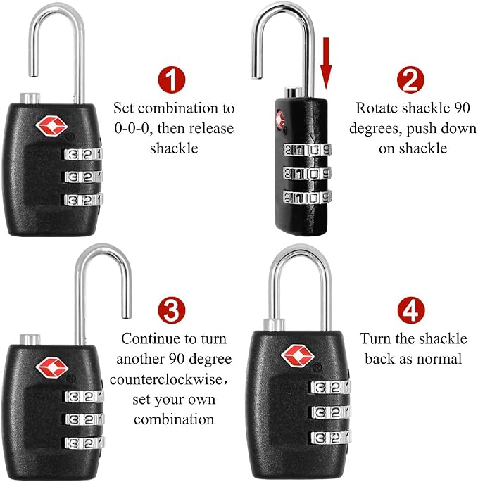 DanziX TSA Approved Lock and 4 Colors Stainless Steel Safety Tether，3-Dial Combination Travel Luggage Lock with Lanyard Security Cable for Protect Your Different Sizes of Bags,Suitcase,Baggage Black - Image 5