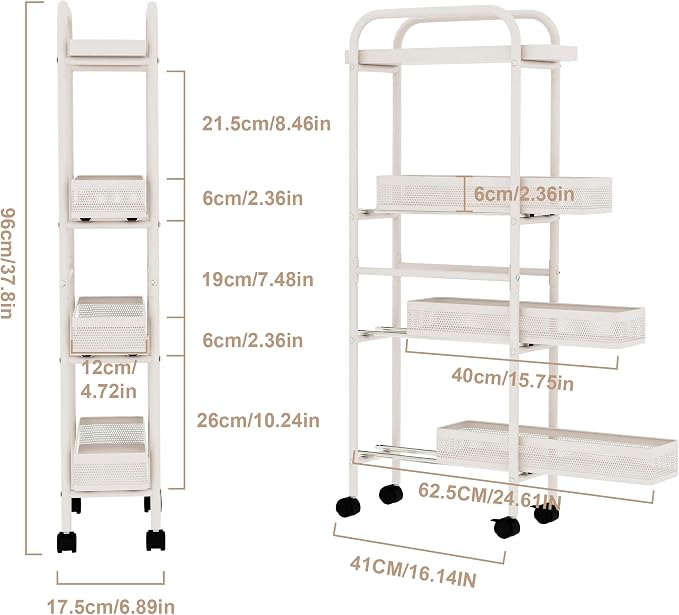 UMDONX 4-Tier Narrow Mobile Storage Cart with Pull-Out Baskets | The Multifunctional Pull-out Storage Rack Is Suitable for Bathrooms, Kitchens, and Laundry Rooms - Image 6