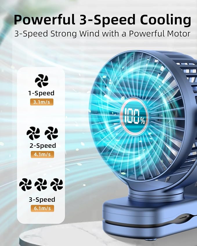 buywoo Portable Mini Personal Fan, Small Rechargeable Battery Powered Stroller Fan for Desk, Strong Clamp Grip, 360° Rotation, 3-Speed, LED Display, Clip On Cooler for Bed, Golf Cart, Office, Blue - Image 4