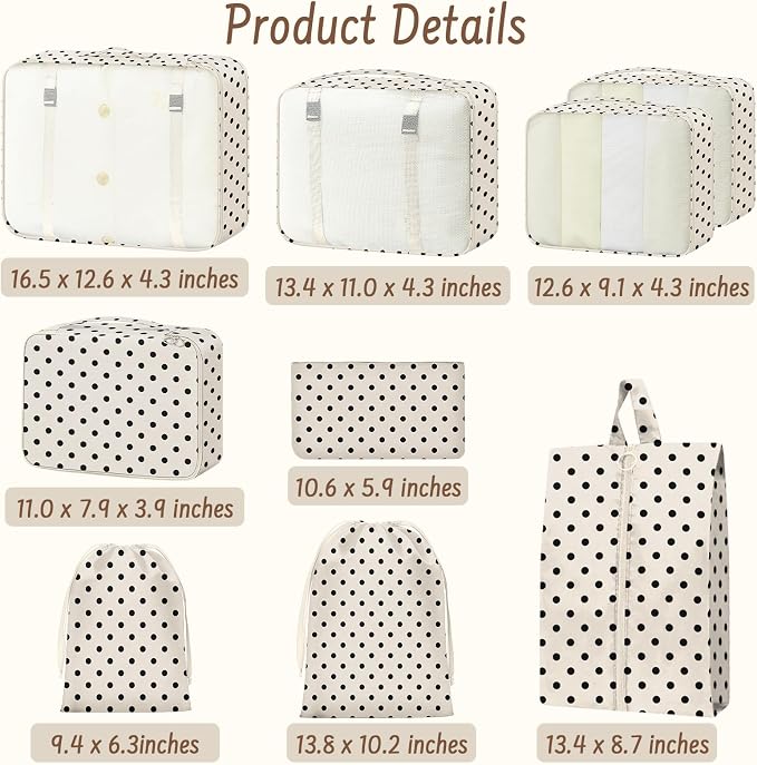 9 Set Packing Cubes for Travel Essentials - Lightweight Carry-On Luggage Organizer Bags with Shoe, Clothes & Laundry Bags for Airplane, Family & Business Travel, Polka dots - Image 8