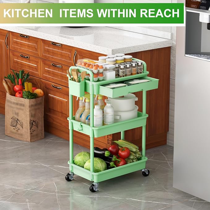 Goovilla 3 Tier Rolling Utility Cart Organizer with Removable Drawer, Green | Stable and Sturdy Rolling Storage Carts with 2 Lockable Wheels for Bathroom, Kitchen, Snack, Craft, Makeup, Baby Essentials - Image 7