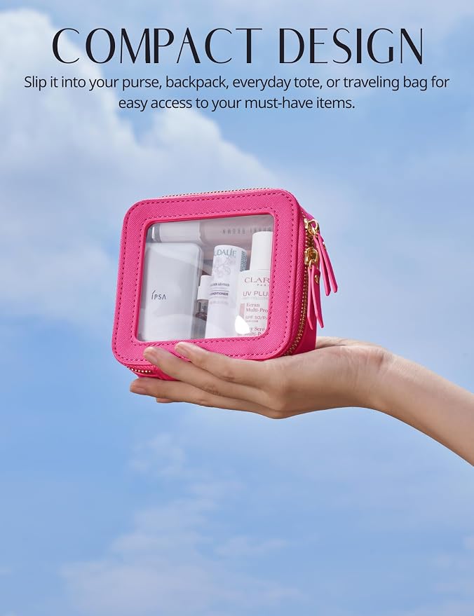 Mini Makeup Bag Clear Small Travel Cosmetic Case Leather Cute Hot Pink Pouch for Purse Organizer Make Up Bag for Women Car Toiletry Bag with Zipper for School - Image 4