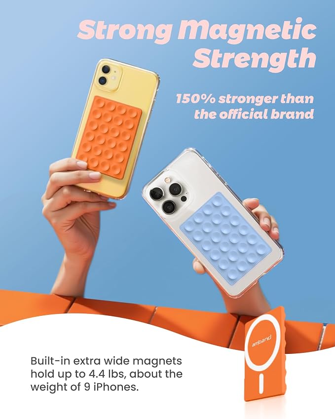 amBand Magnetic Sticky Phone Suction Grip for MagSafe, Removable for Wireless Charging, Durable Magnet Silicone Portable Mount Stand for iPhone 12 13 14 15 16 17, Hands-Free Video/Selfie, Orange - Image 3