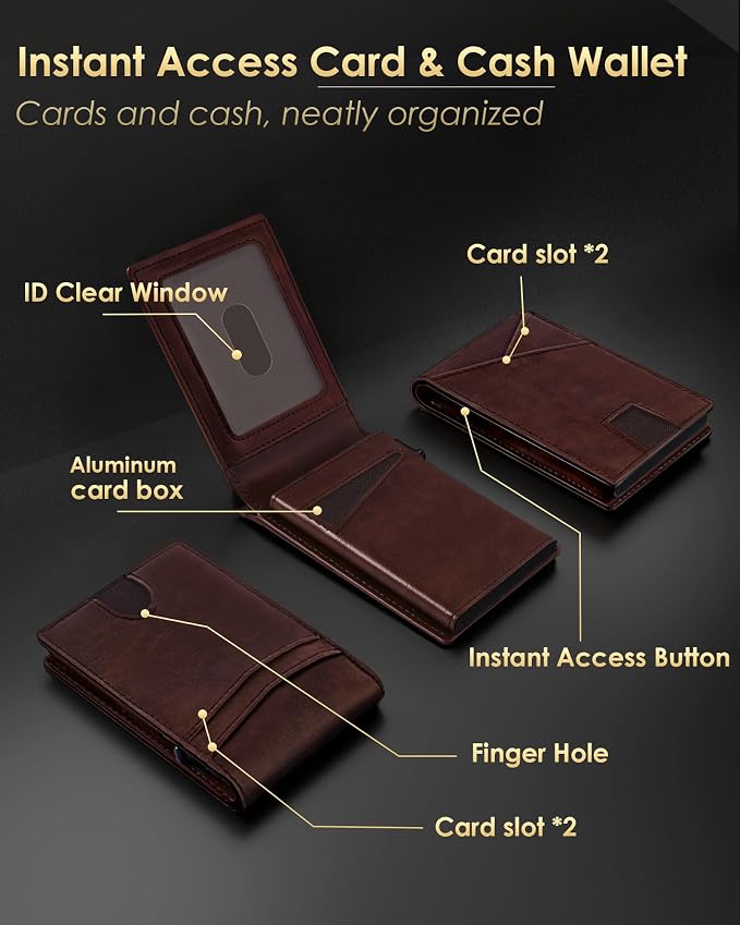 QLD Wallet for Men - RFID Blocking [Functional & Practical] Bifold Slim Minimalist Credit Card Holder Pop Up Metal Case with Cash Slot, Front Pocket with ID Window, Gift Boxed - Image 5