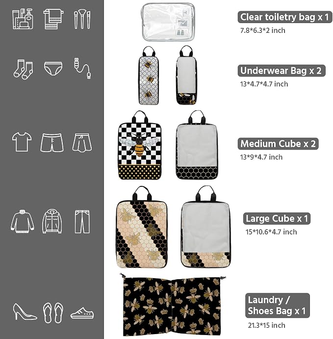 7 Pcs Compression Packing Cubes for Travel, Waterproof Suitcase Luggage Backpack Organizer with Toiletry Bag Travel Essentials for Women/Men-Bees - Image 3